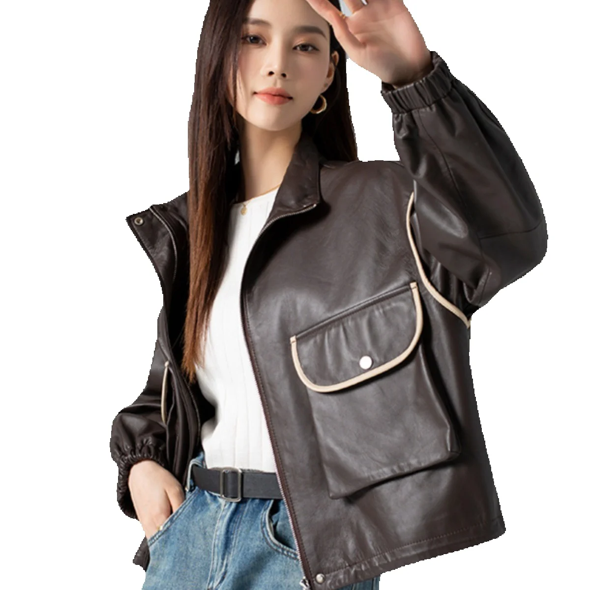 Genuine Leather Sheep Skin Spring Short Outer Sleeve Loose Jacket Casual Women's Standing Collar Leather Jacket