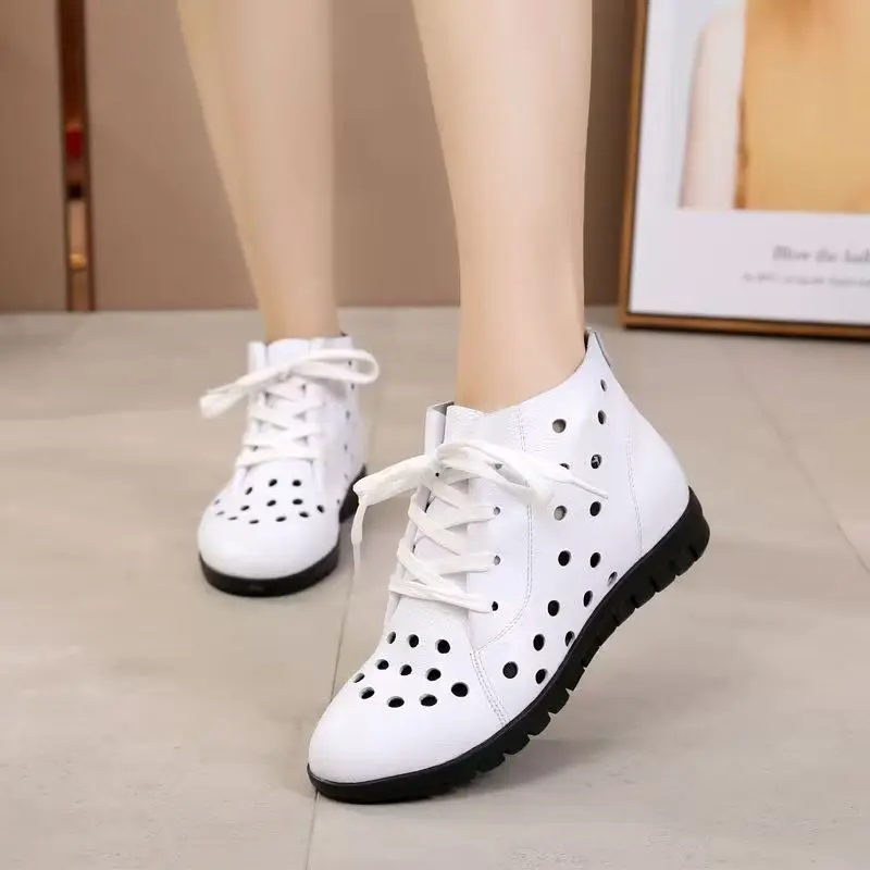 

Women Genuine Leather Big Size Flat sole Cool Boot Spring Summer New Soft sole Round Toe Hollow Out Lace Up Flat Sole Ankle Boot