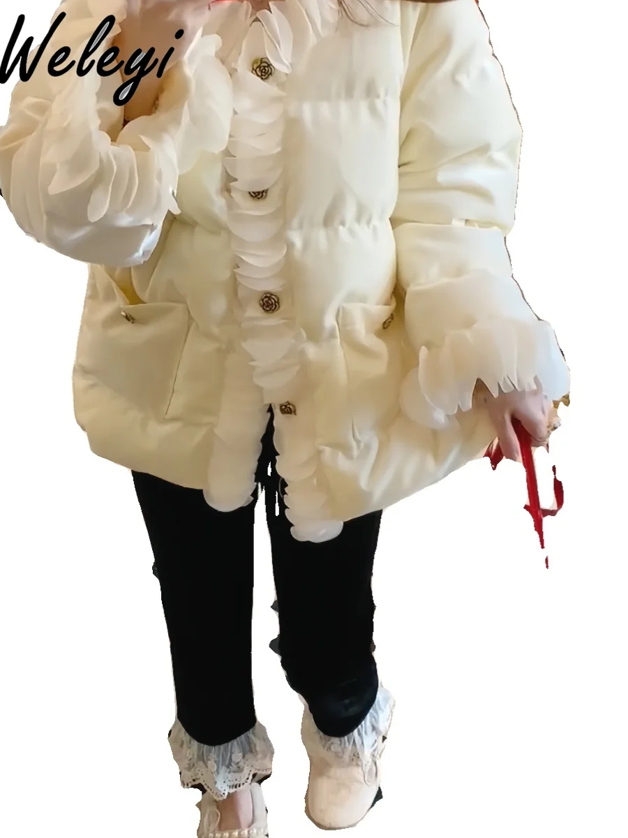 Sweet Cream White Bud Velvet Coat Woman Large Size Korean Style Women's Ruffled Clothing Warm Thick Cotton Jacket Female 2024