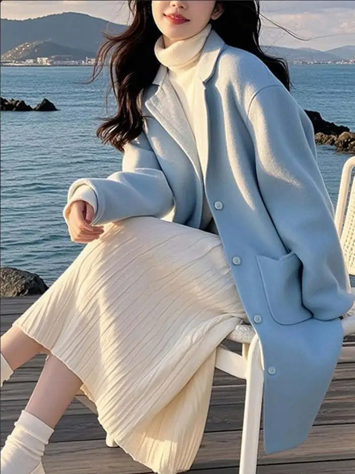 Fashionable Korean Style Women's Woolen Coat Medium Length Slimming Ladies' Jacket Commute Style Thickened Long Sleeve Coat