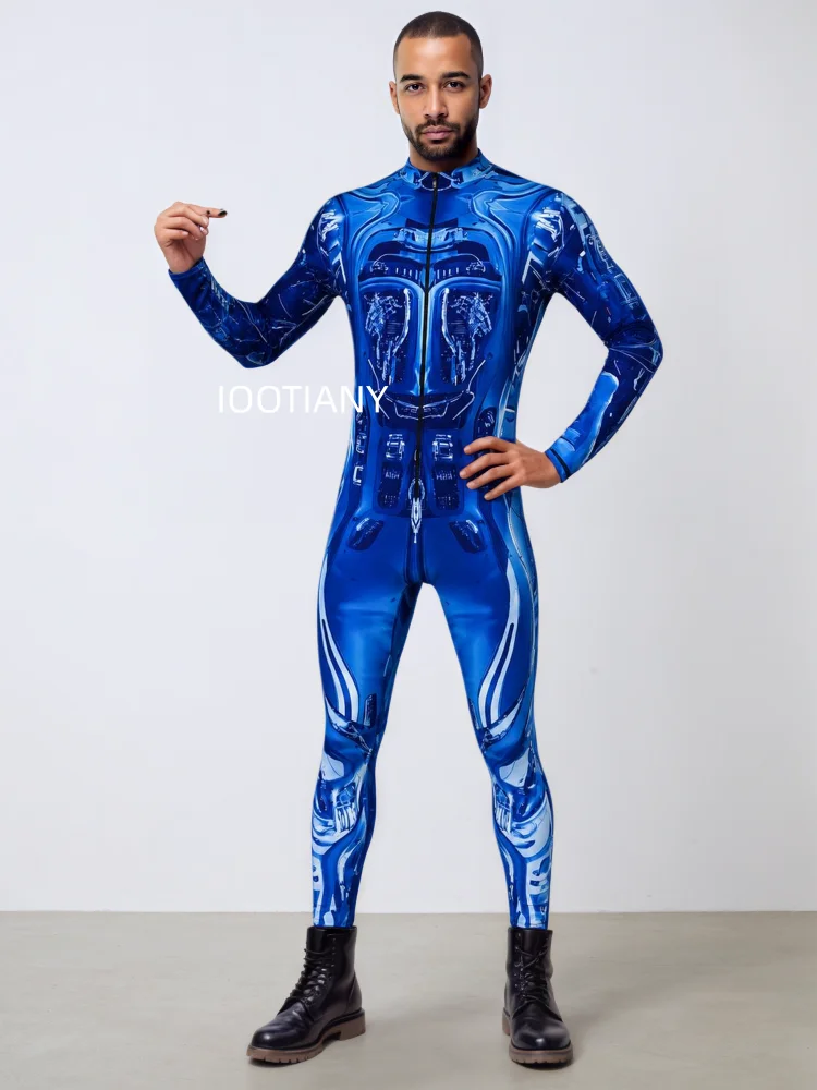 Herren Roboter-Skelett Mechanische Rüstung Bodysuit Hochhals Enger Jumpsuit Halloween Cosplay Futuristisches Party Bühnenkostüm Outfit – Detail 7