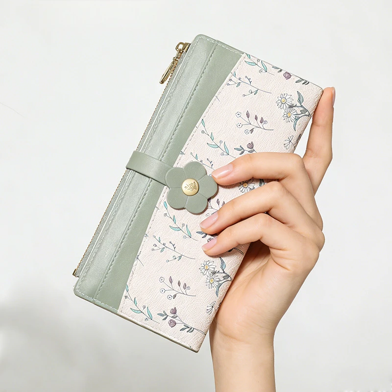 

Новый длинный кошелек для женщин в корейском стиле с цветочным принтом, студенческий, свежий, с отделением для мелочи, держатель для карт, из полиуретана, легкий, износостойкий