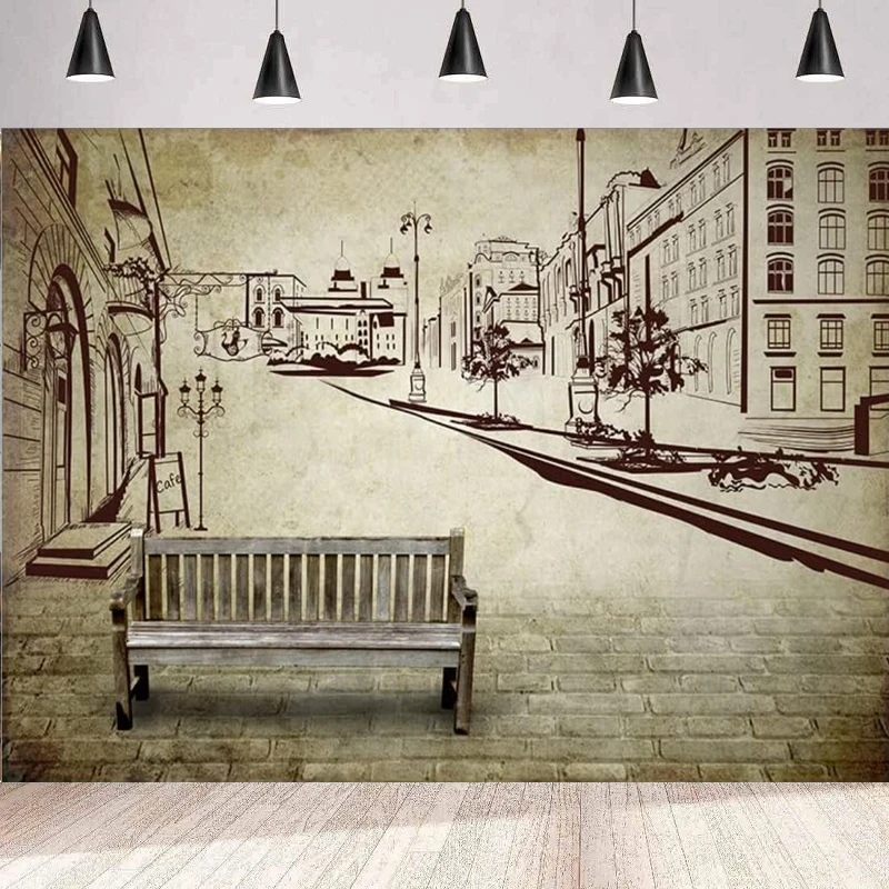 Photography Backdrop City Street Retro Town Road People Portrait Photos Shoot Bench Old Building Painting Background Wall Poster