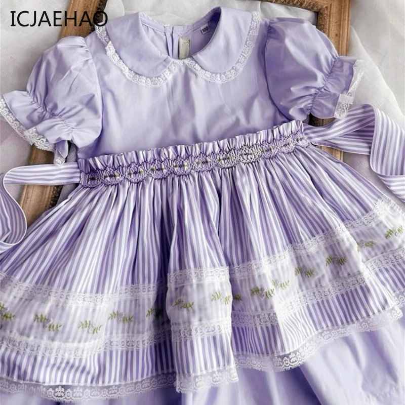 ICJAEHAO 2024 Bowknot Striped Handmade Dresses for Embroidery Smocked Girls Children Lapel Collar Lace Purple Birthday Clothes