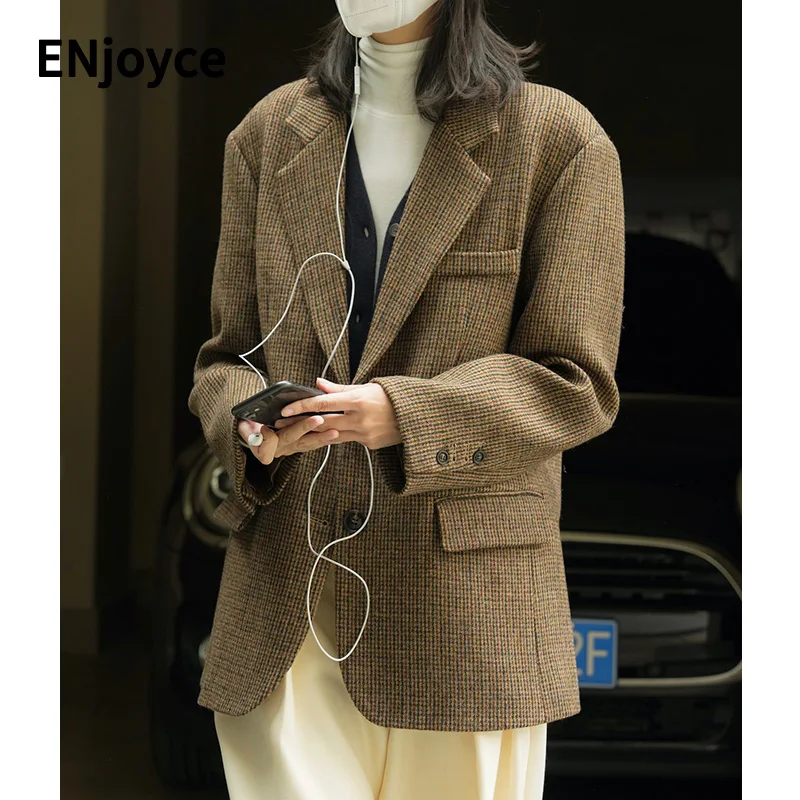 

Women Vintage High-End Pure Wool Tweed Lapel Suit Blazer Korean Style Loose Wide Shoulder Jacket Thickened Coats Winter