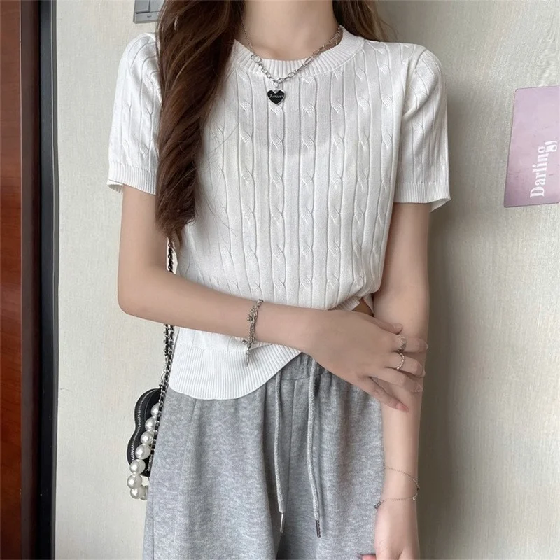 T-shirts à manches courtes femmes tricoté mince basique doux tout-match collège jeune Kawaii rétro tendre esthétique Mujer vêtements élégant