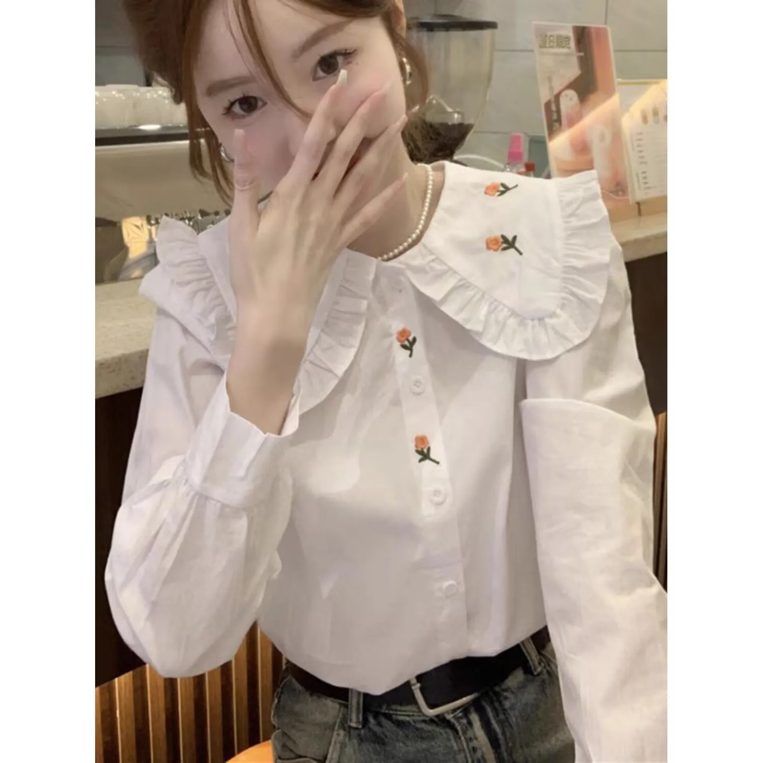 Autumn Ladies Fashion Doll Collar Long Sleeves Shirts Coat Women Embroidery Cardigan Blouse Tops Sweet Female Solid Color Shirt