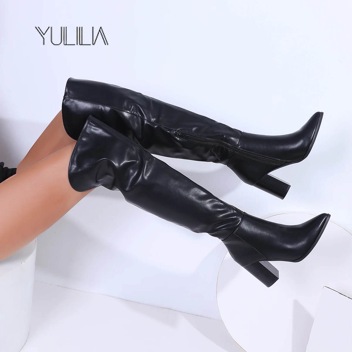 

YULILIA Sexy Fashion Nightclub Party Wedding Office Queen Woman Pointed Thick High Heel Over Knee Boots Lady Girl Thigh Boots