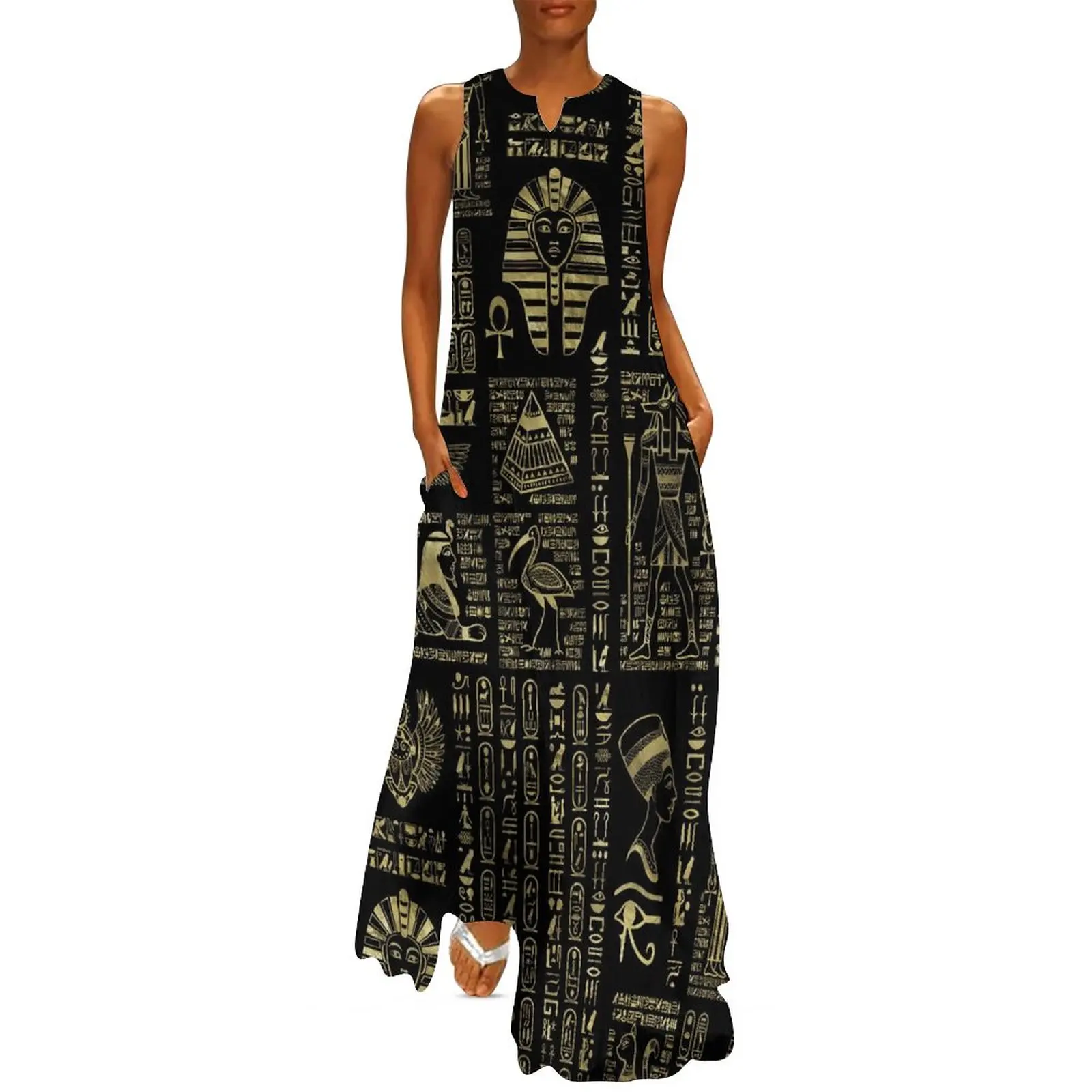 Retro Letter Print Dress Egyptian Hieroglyphs Vintage Maxi Dress Aesthetic Bohemia Long Dresses Summer V Neck Pattern Big Size