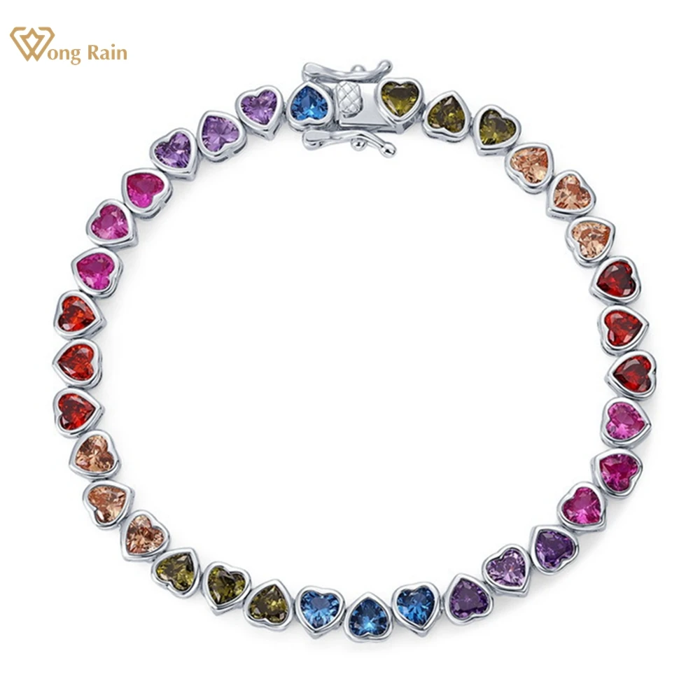 Wong Rain 100% 925 Sterling Silver 4 MM Heart Cut Colorful Lab Sapphire Gemstone Bracelets Bangle Fine Jewelry Anniversary Gifts