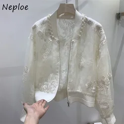 Neploe-chaquetas con cuello redondo y cuentas de estilo chino para Mujer, Tops de manga larga, abrigo de protección solar bordado Y2k, novedad de 2024