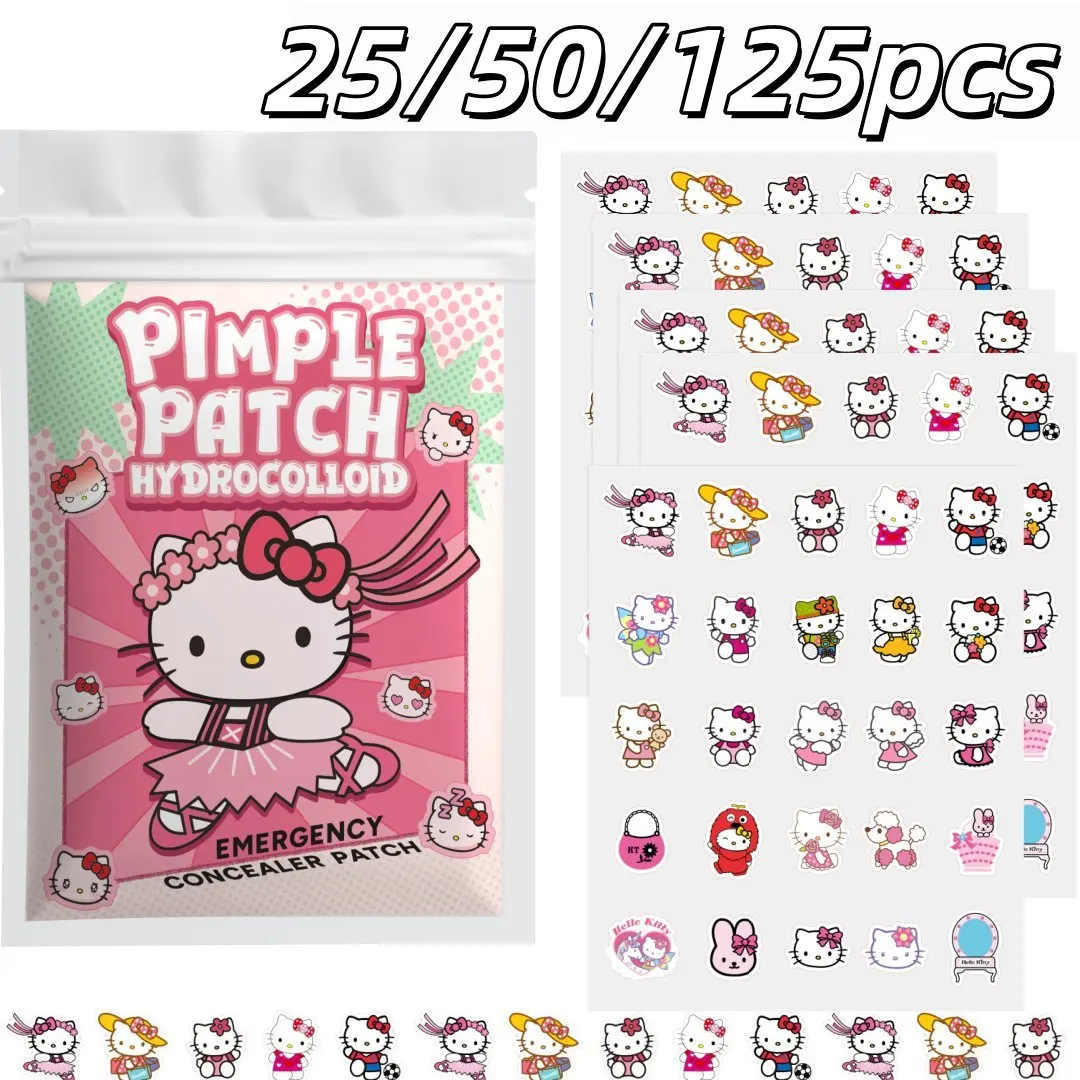 25/50/125 pièces Patchs hydrocolloïdes anti-boutons Hello Kitty sous licence, autocollants anti-acné mignons à motif de dessin animé, pack varié pour le traitement des imperfections du visage