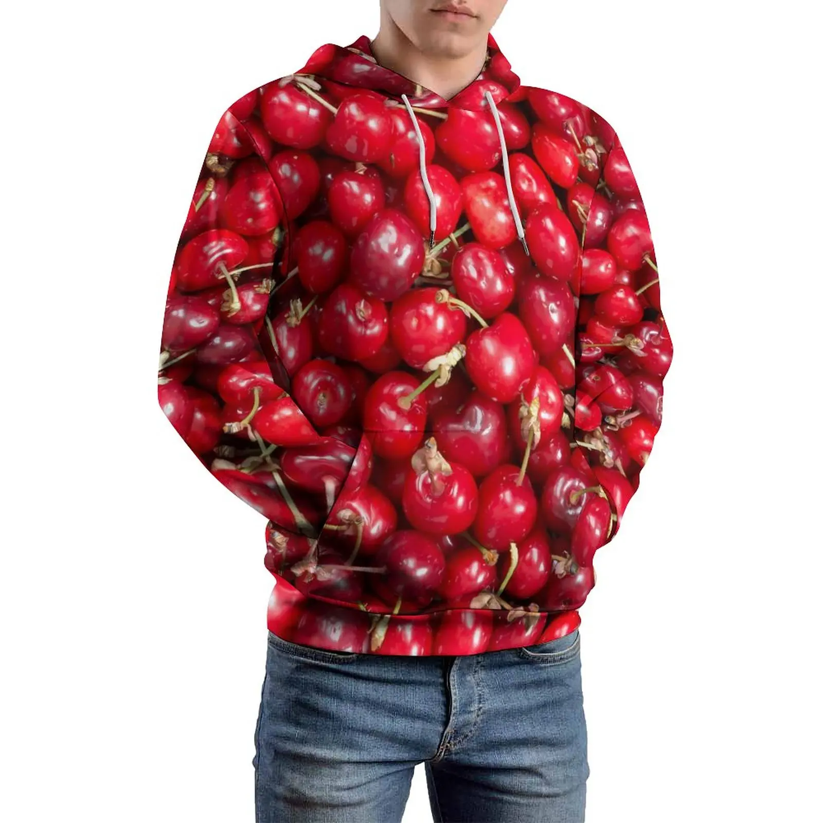 Red Cherries Print Loose Hoodies Sweet Fruit Streetwear Pullover Hoodie Male Long-Sleeve Pretty Design Sweatshirts Plus Size