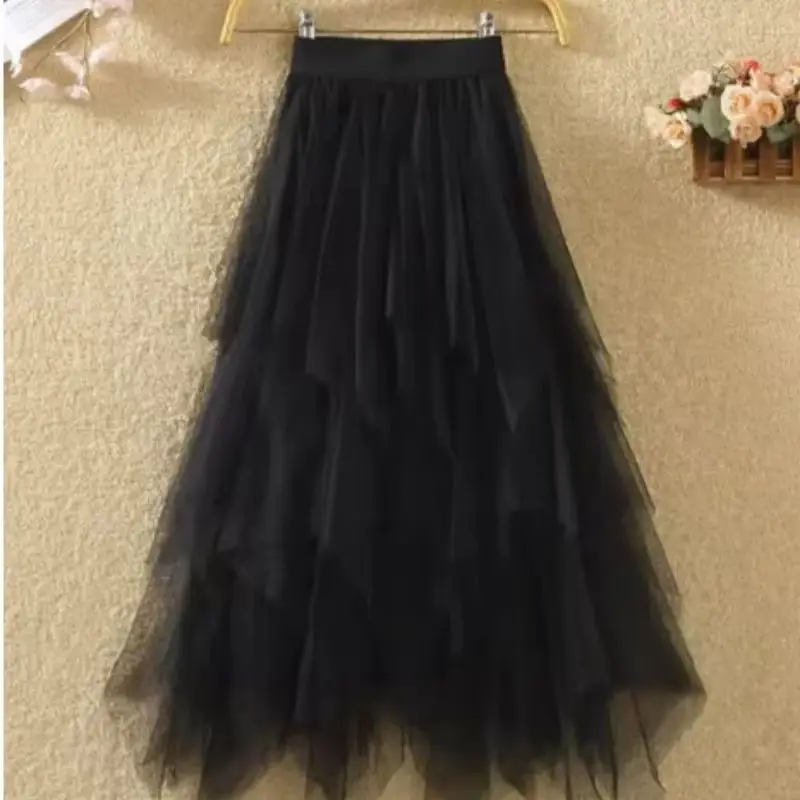 New Fairycore Lady ´s Fashionable Sexy Solid Color Mesh Skirt, Irregular Elastic Tulle Bubble Skirt, Daily Life and Vacation