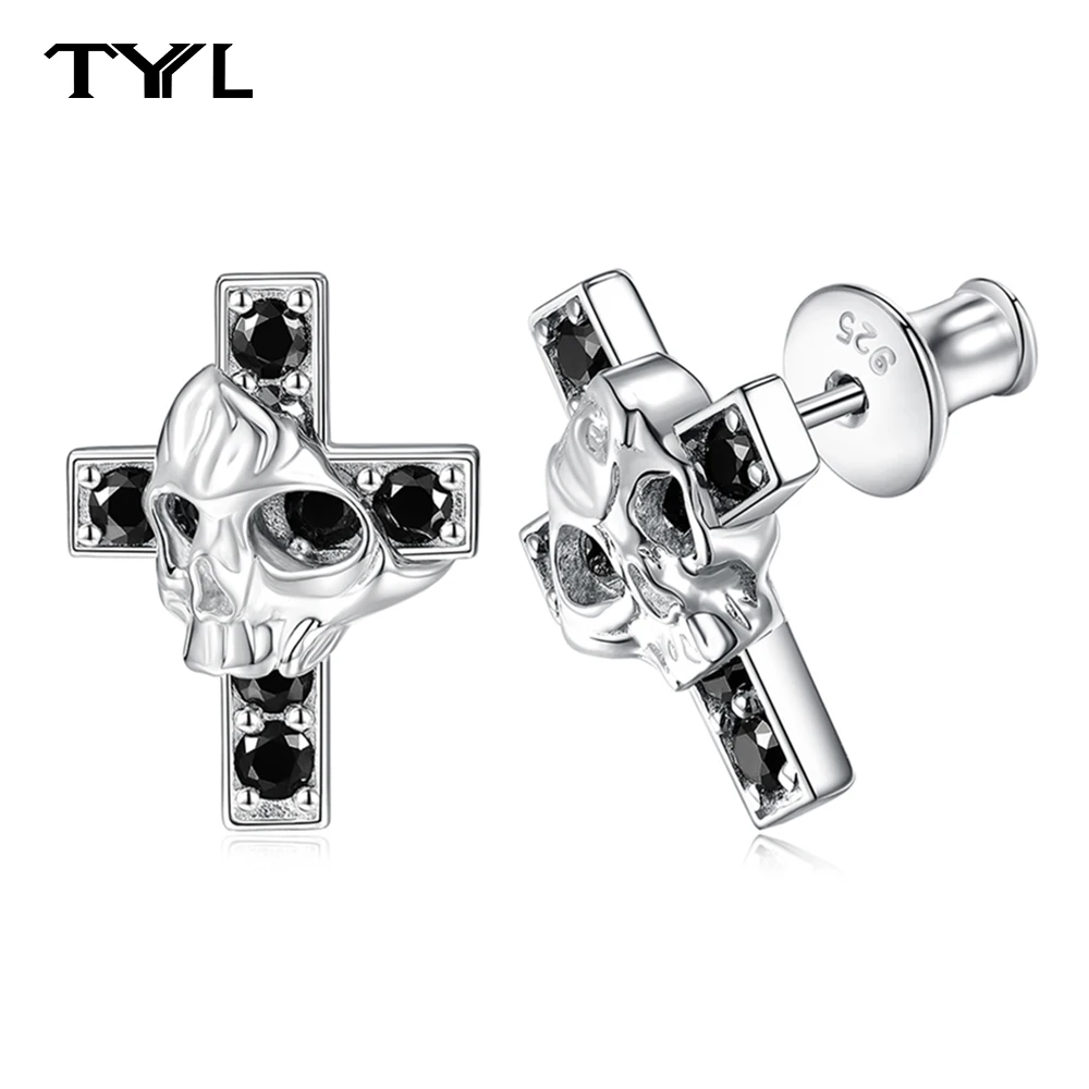 

TYYL 2.2mm Black Moissanite Cross Skeleton Studs Earrings for Men Women S925 Silver Unisex Halloween Skull Gothic Ears Jewelry