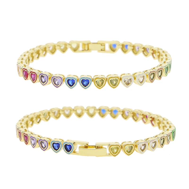 Delicate Arranged Rainbow Cz Color Border Heart Shape Bracelet Iced Out Blazing Crystal 17/19cm Bangle Jewelry Gift Women Girl