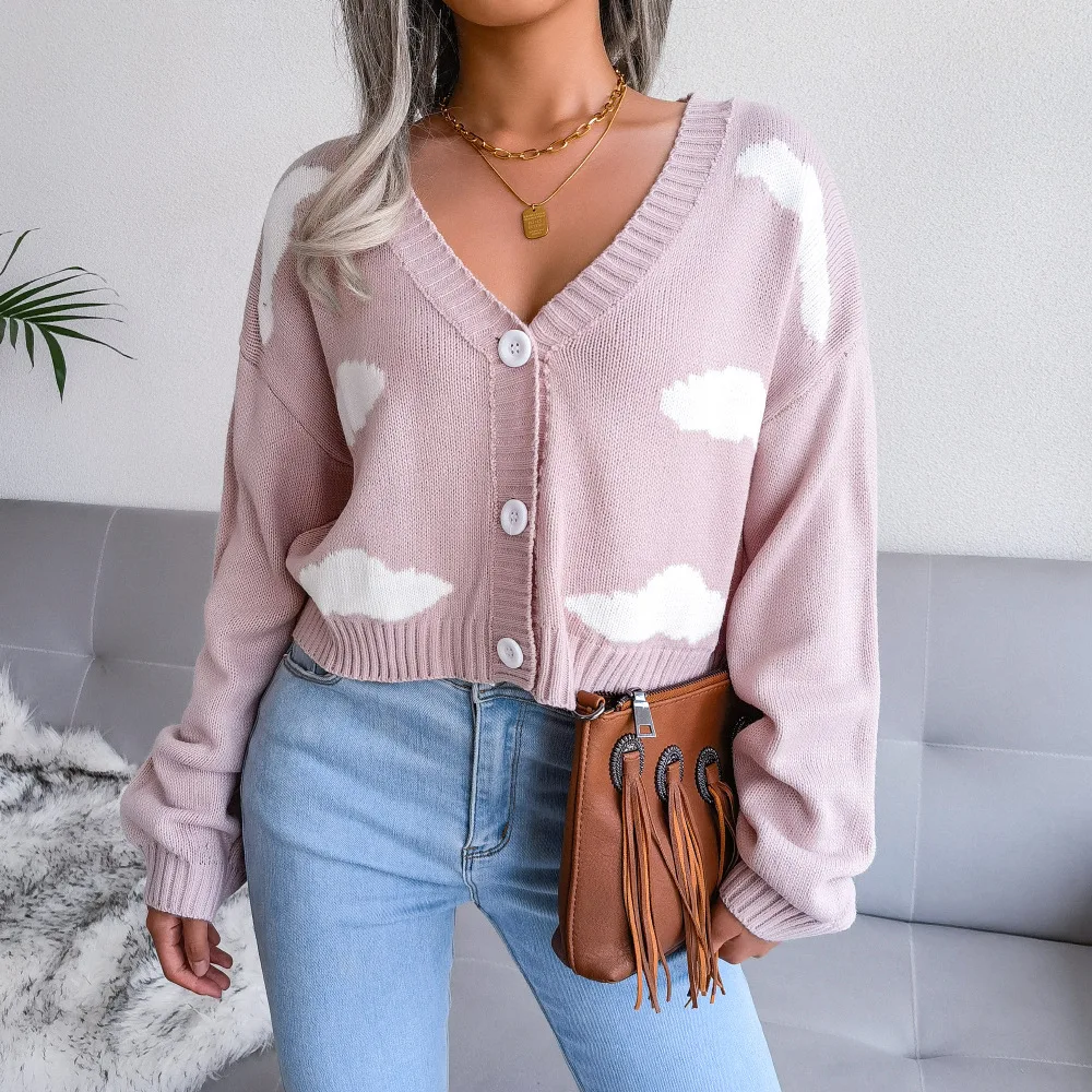 

Sweet Women's Sweater Autumn Winter Hook Knit Loose Casual Cardigan Knitted Long-sleeved V-neck Single-breasted Button Coat