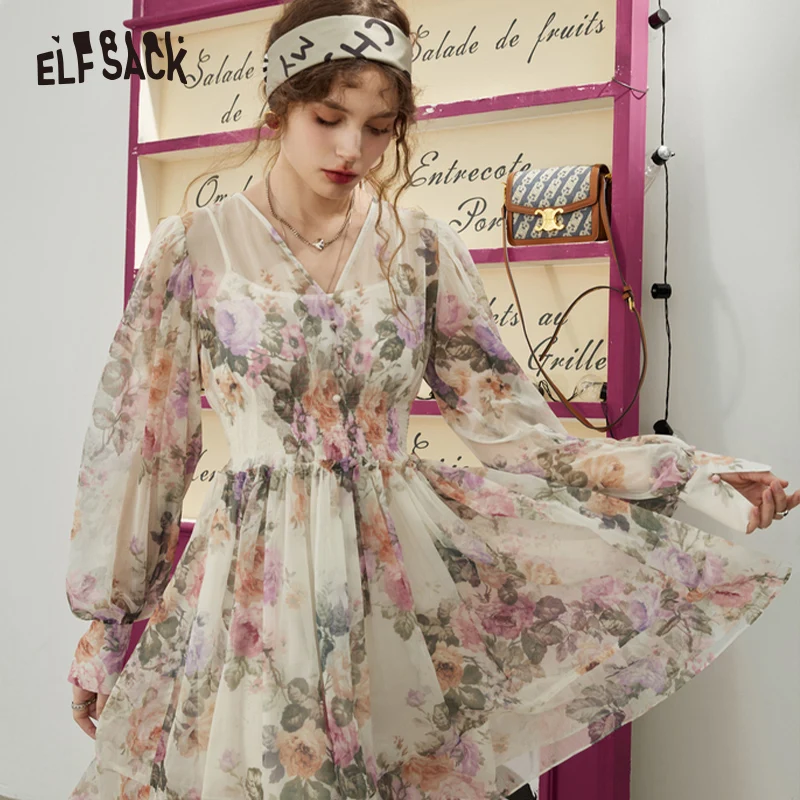 ELFSACK French Chiffon Floral Dresses Women 2023 Spring Waist Long Sleeve Daily Dress