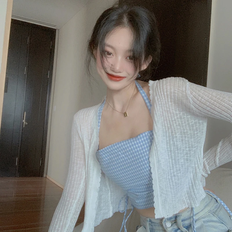 

Lightweight Knitted Cardigan Women's Strap Dress Outer Cover Summer Sun Protection Short Top Hollow Fairy Little Jacket