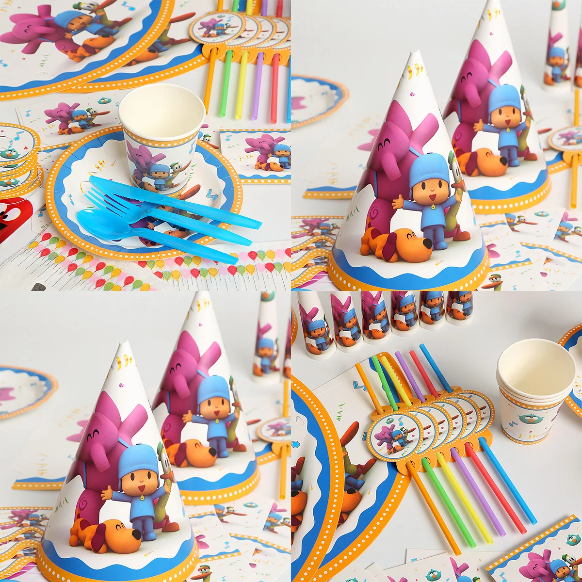 Blue&Pocoyoing Birthday Party Tableware Decoration Cartoon Elephant Balloon Plates Banner Cake Topper Backdrop Kids Baby Props - view 2
