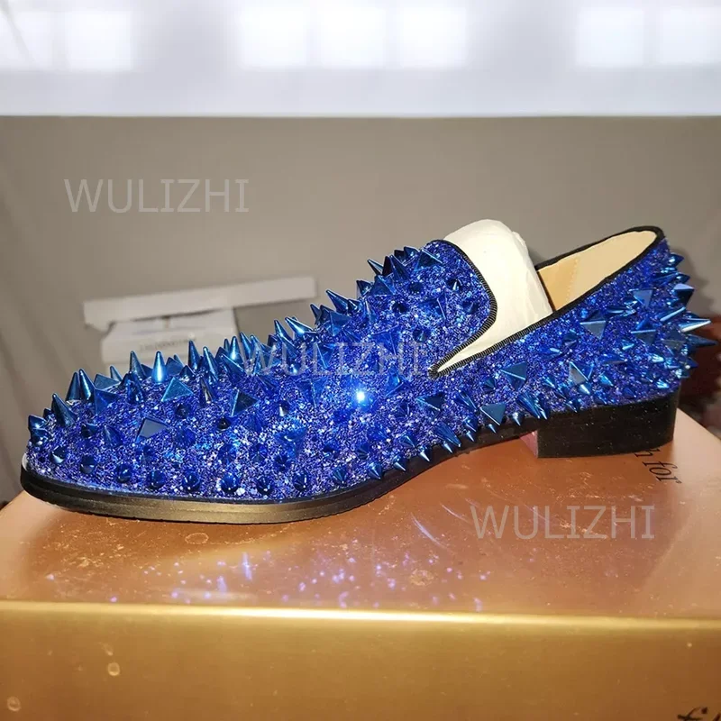 Blue Rivet Diamond Inlaid Loafers Men Summer Flat Round Head Gentleman Silver Wedding Shoe Rose Red Rhinestone Black Mules Sport