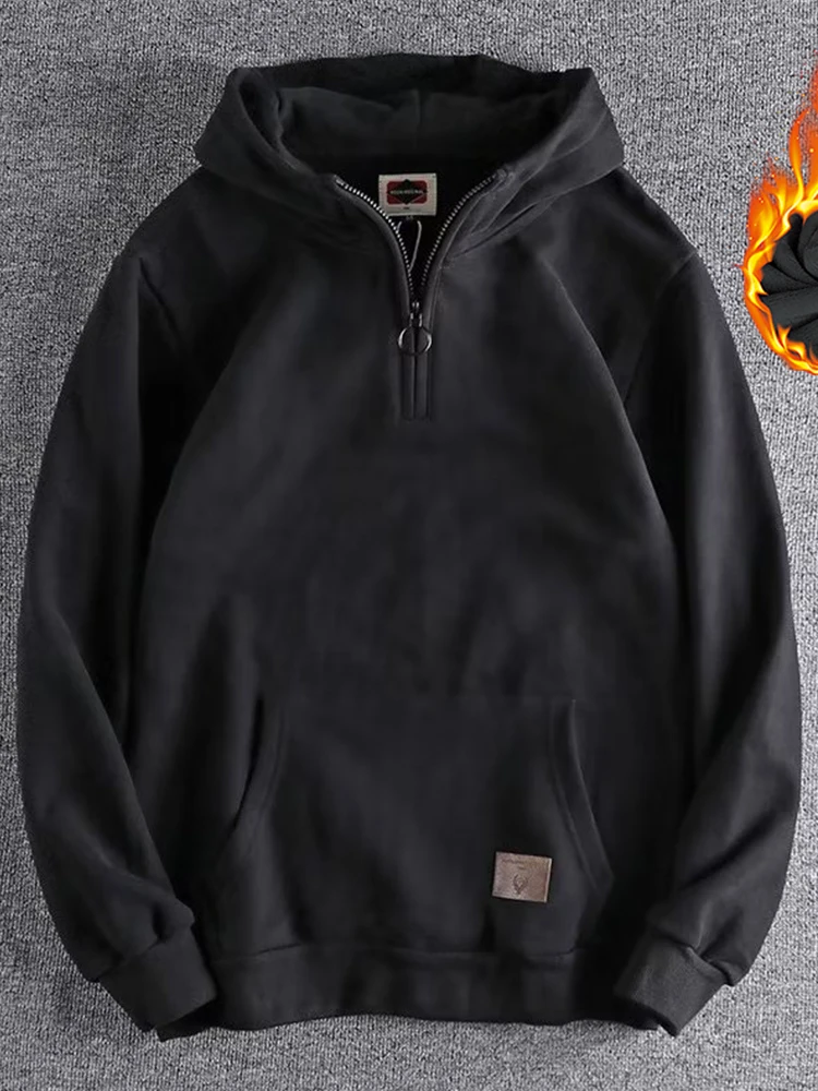 Half Zipper Hoodie Autumn and Winter New Heavy Retro Washed Men's Hood Casual Cotton Thickened Fleece Jacket