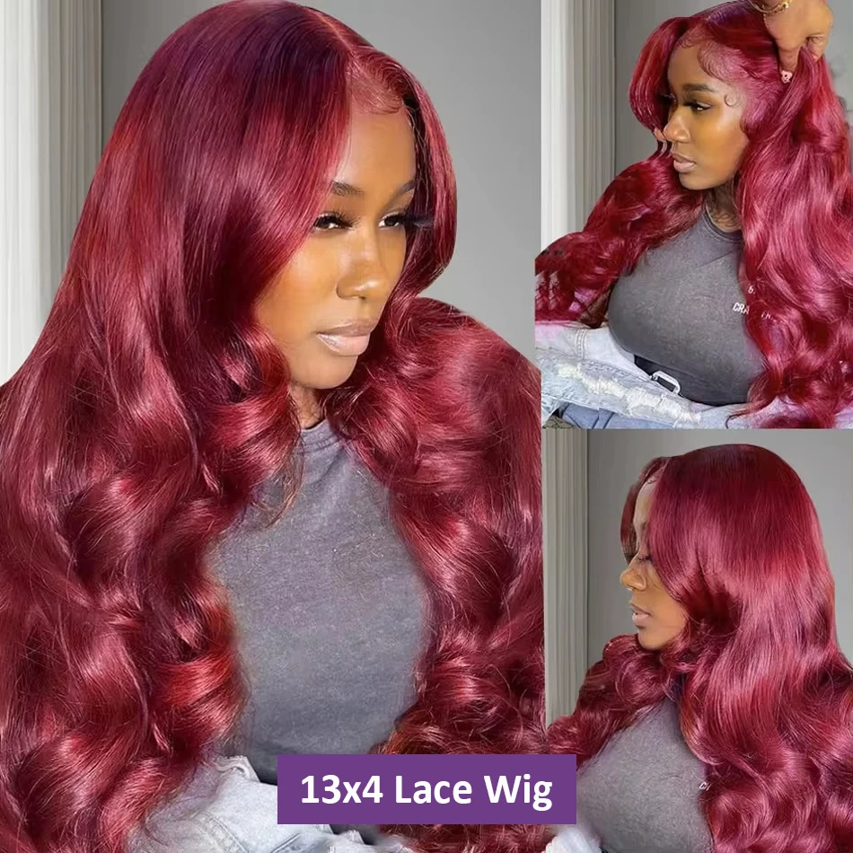 Perruque Full Lace Wig Body Wave Naturelle, Cheveux Humains, Couleur Rouge Bordeaux 99J, 13x4