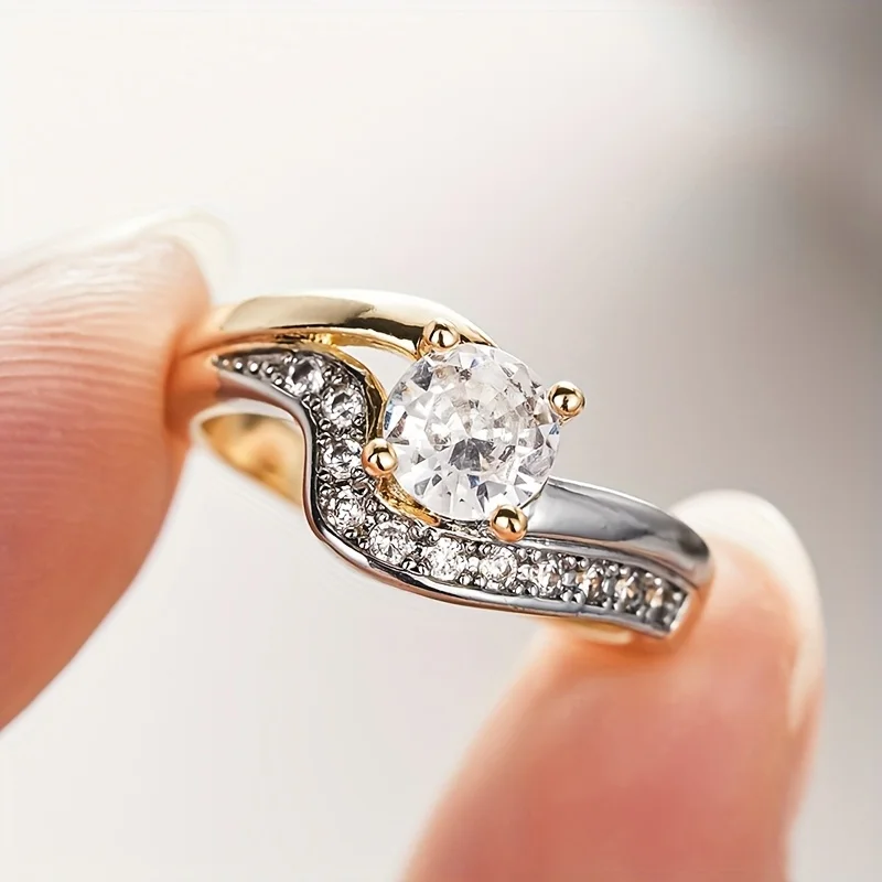 Funkelnder, kreisförmiger Ring aus synthetischem Zirkonia in Gold- und Silberfarbe, unregelmäßiger Ring für den täglichen Gebrauch von Frauen, Partyschmuck-Accessoire.