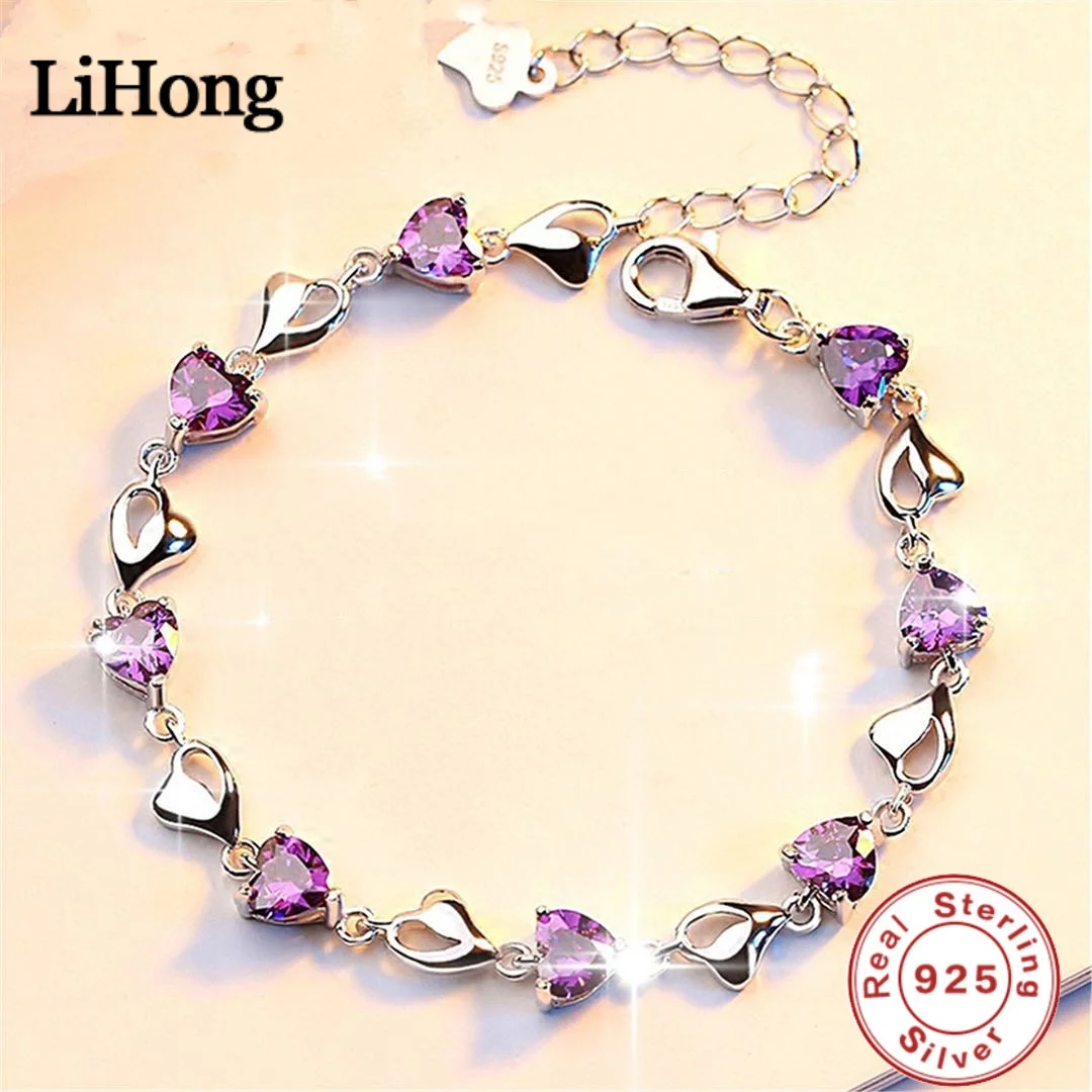 Luxury S925 Sterling Silver Love Bracelet Purple Blue Zircon Crystal for Women Party Engagement Jewelry Gift