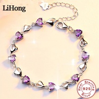 Luxury S925 Sterling Silver Love Bracelet Purple Blue Zircon Crystal for Women Party Engagement Jewelry Gift