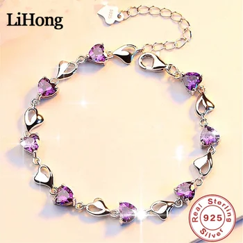 Lüks S925 Ayar Gümüş Aşk Bilezik Mor Mavi Zirkon Kristal Kadınlar için Parti Nişan Takı Hediye