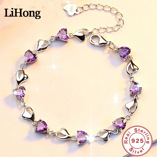 Luksusowa bransoletka S925 Sterling Silver Love Purple Blue Zircon Crystal dla kobiet Biżuteria zaręczynowa na imprezę Prezent