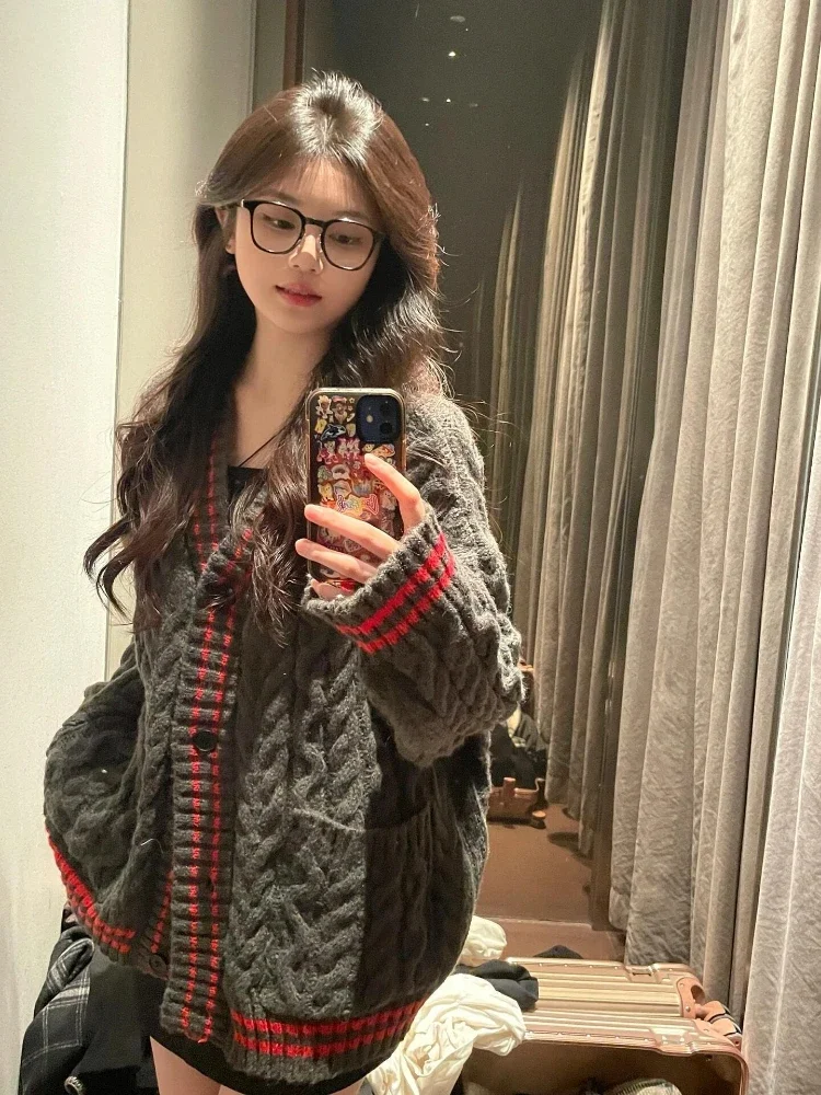 

Японский винтажный вязаный кардиган Y2k, эстетический однобортный повседневный кардиган, осень 2021, лоскутный свободный женский свитер