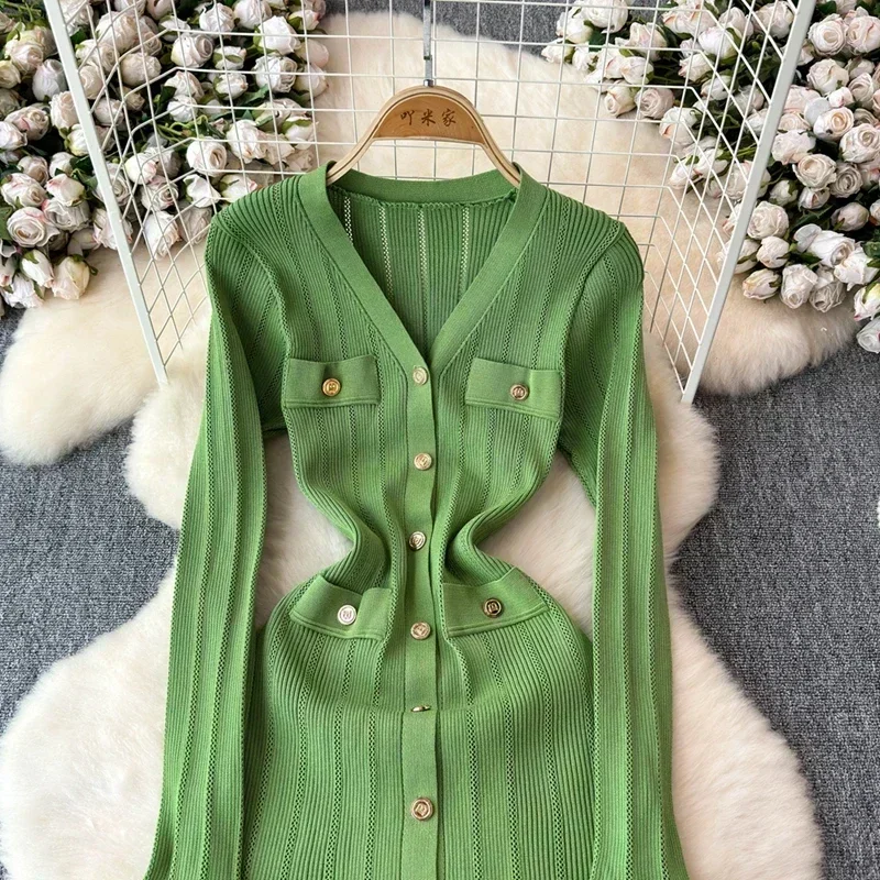 2024 Green Fashion Autumn Winter Knitted Long Dress French Style Letter Buttons Elegant Sweater Dress Lady Office Bodycon