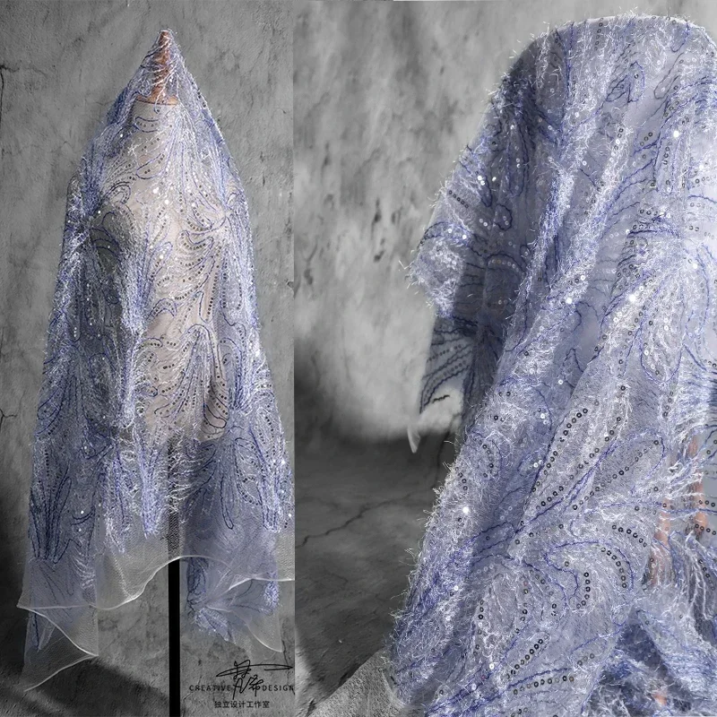 

Сетчатая ткань с перьями, градиентная блестка, вышитая блестками, вышитая полым кружевом, прозрачная дизайнерская одежда по метрам