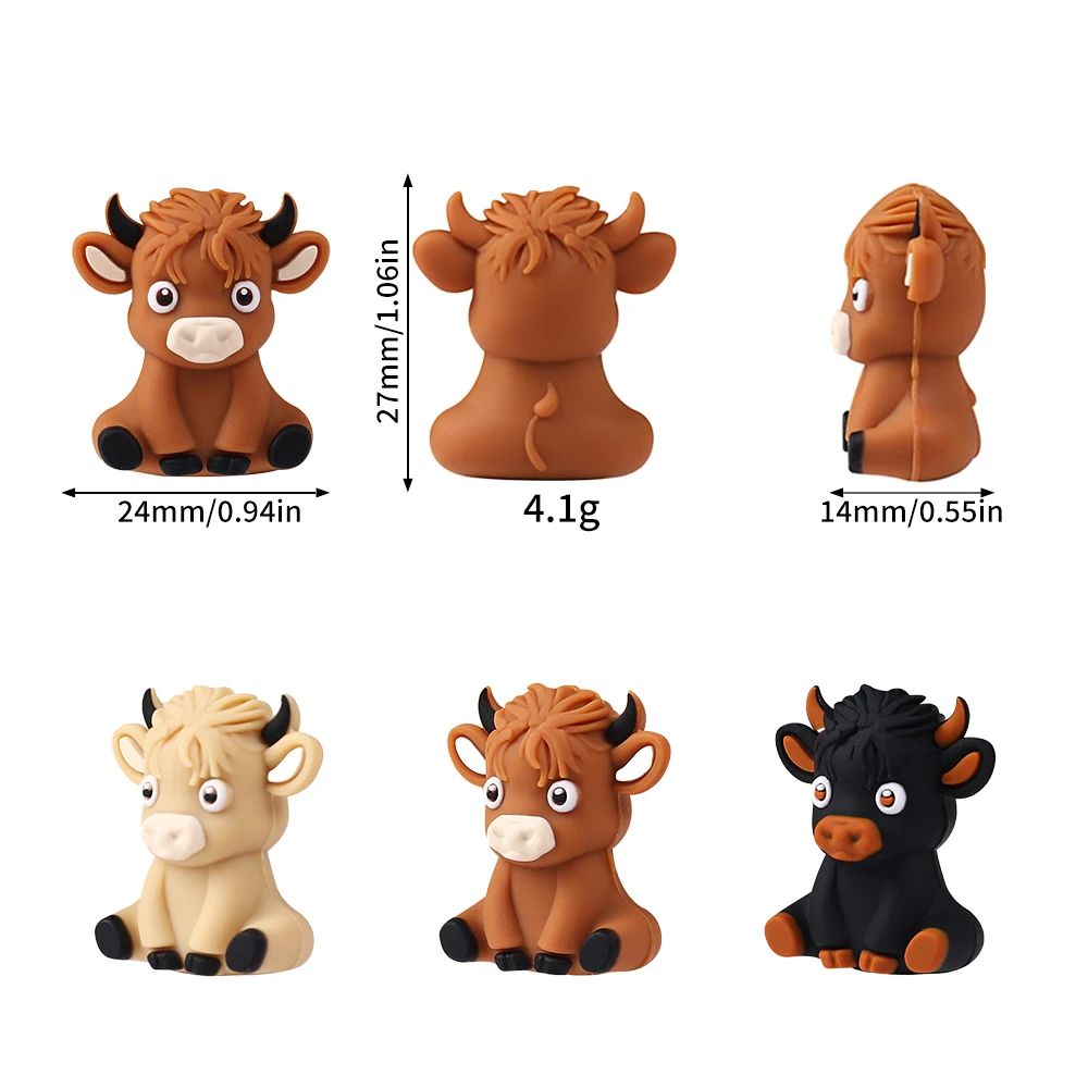 5/10pcs 3D Highland Cow Silicone Focus Beads Stereoscopic Animal Designs for Beaded Pen Bracelets and Necklaces Jewelry Making