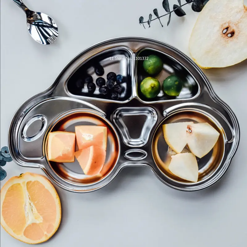 304 Stainless Steel Deepen and Enlarge Baby's Dining Plate Divided Plate Lunch Dinner Plate Fruit Plate Cartoon Car Shape