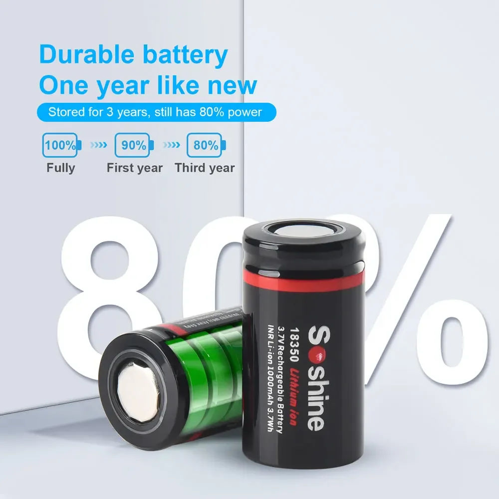 Soshine-batería recargable de iones de litio, 3,7 V, 18350, 1000mAh, 1000mAh, 1000 veces, carga de ciclo, tiempo completo, 1h