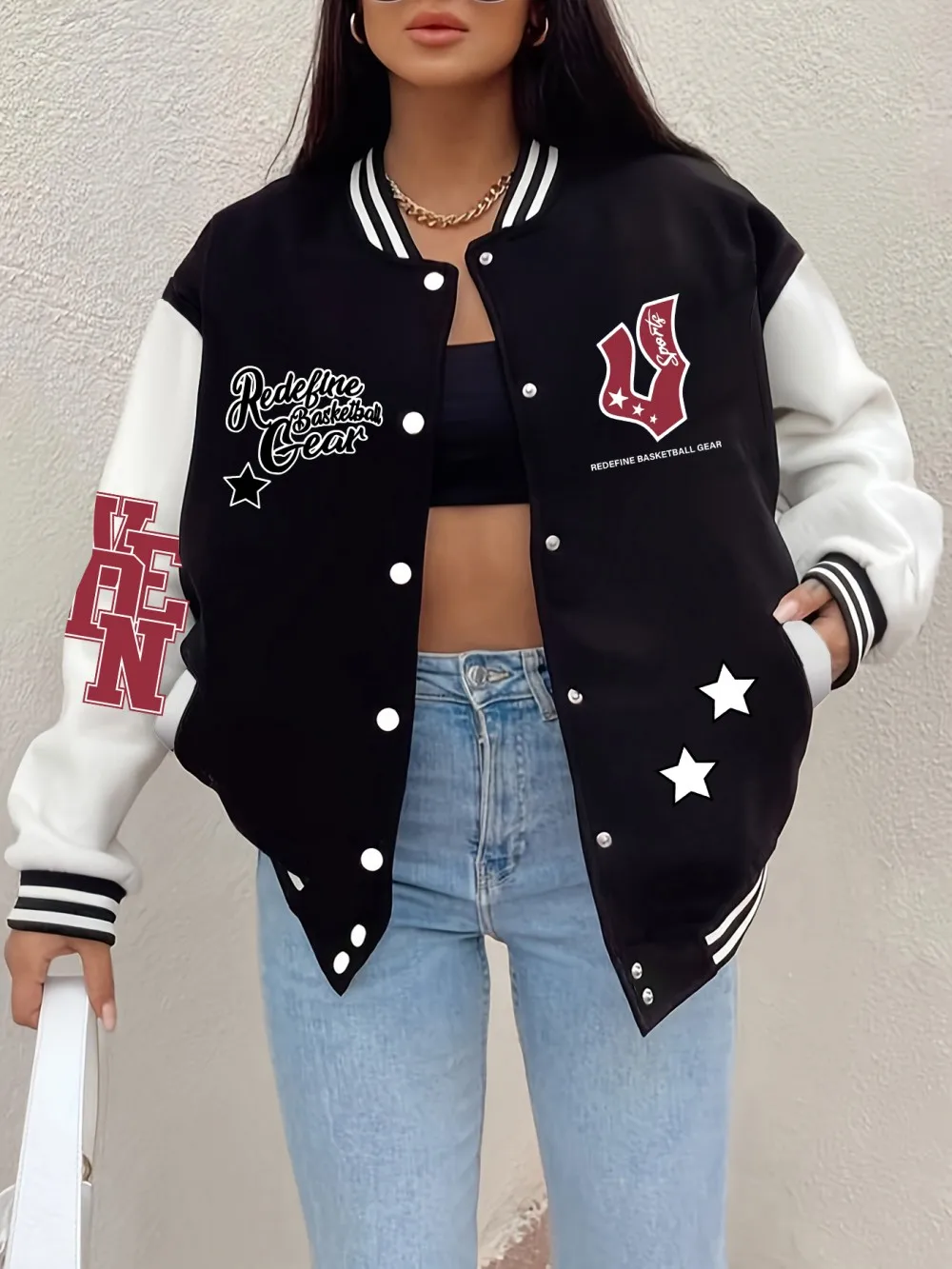 

Redefine Basketball Gear Printed Baseball Coat Womens Winter Fleece Warm Jackets Casual Pocket Tops Street Loose Woman Clothes