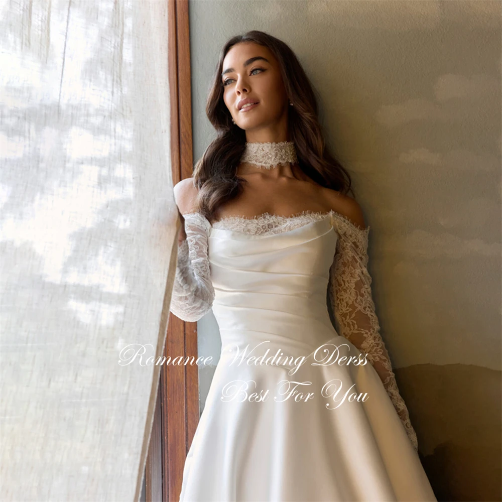 Elegant Lace A-Line Wedding Dresses Long Sleeves Strapless Pleat Open Back Satin Off The Shoulder Vestidos De Novia Customized