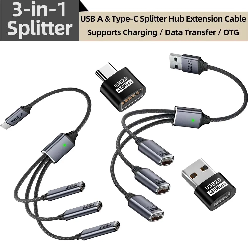 3 in 1 USB A&Type C Splitter HUB Expansion Cable Multi Port Expander OTG Adapter Fast Charging Data Sync for Laptop,Hard Drive ﻿