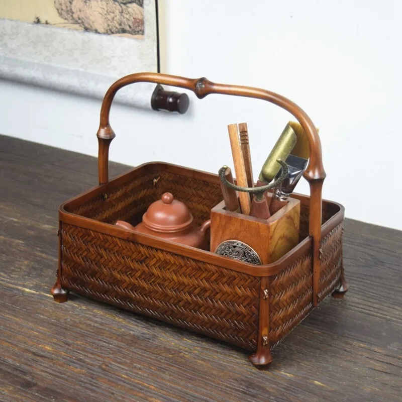 Handmade Bamboo Tea Utensil Storage Basket Desktop Organizer Tote Portable Holder for Teapot Cups Rustic Kitchen Handheld Basket