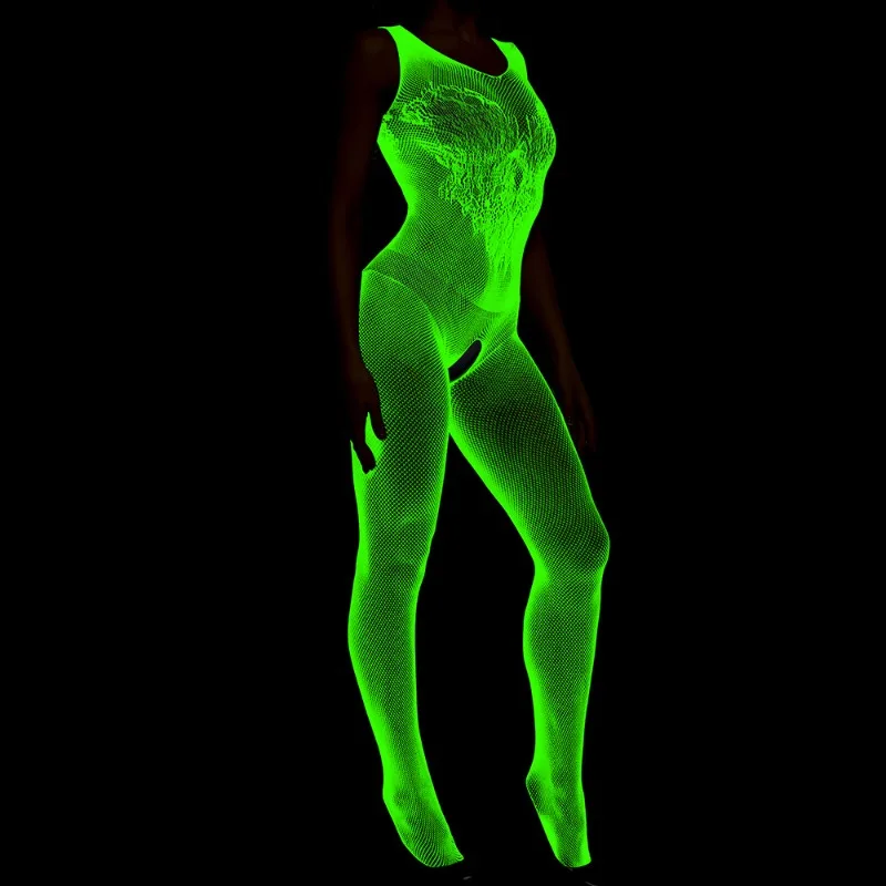 Glow The Dark Lingerie Open Crotch Sexy Sheer Stretchy Mesh Cami Dress Nightgown Women Erotic Luminous See Through Sling Teddy