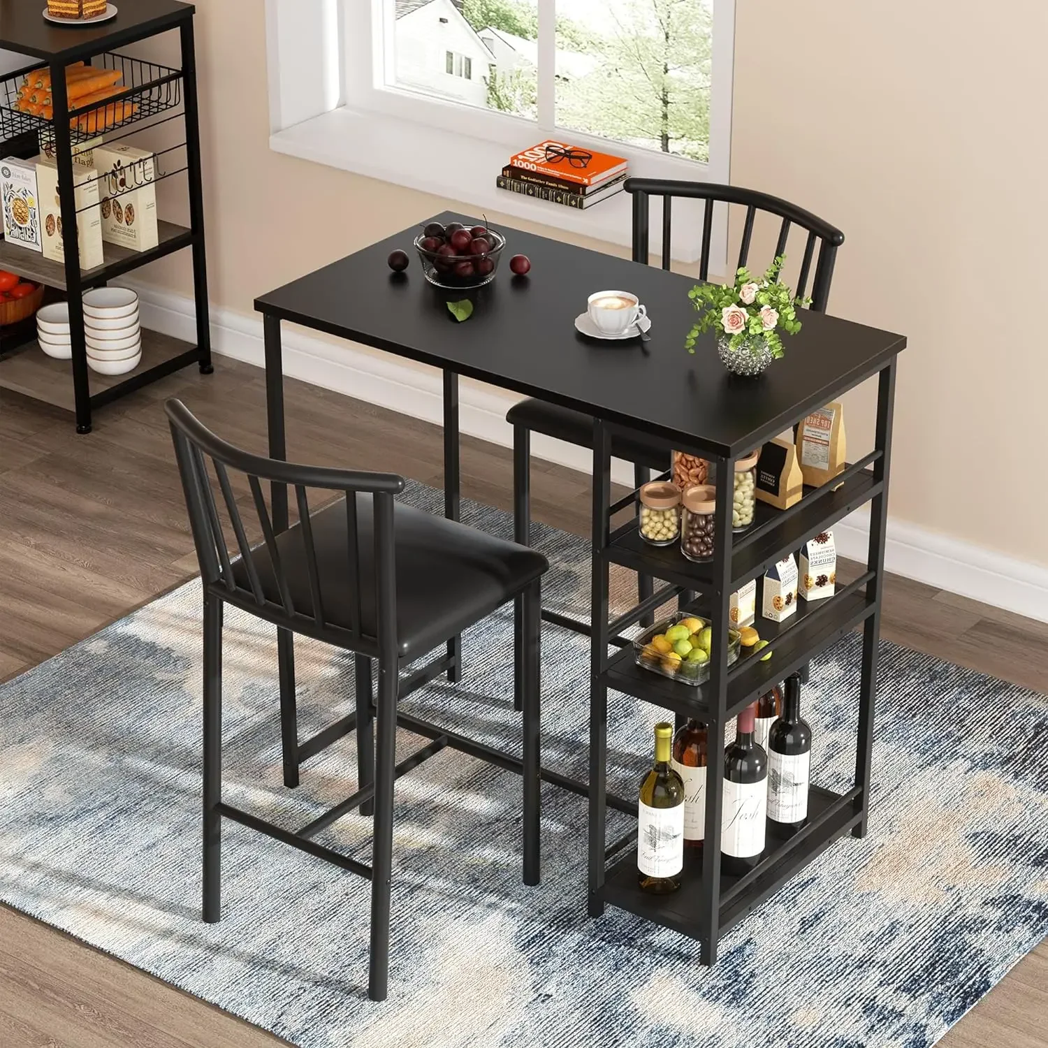 Kitchen Bar Table and Chairs Set of 2, with 2 PU Cushion Bar Stools, 3 Piece Kitchen Dining Set with 3 Storage Shelves