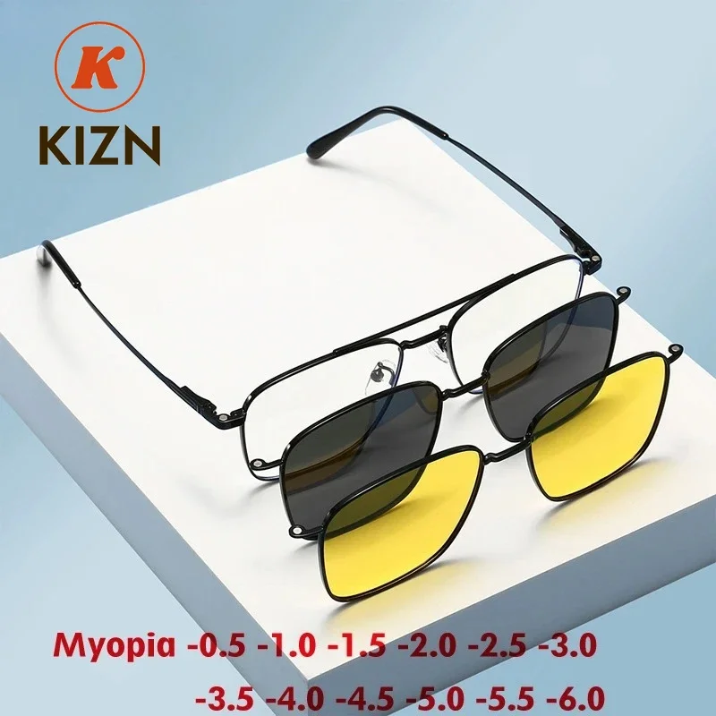 

KIZN Big Frame Alloy Myopia Sunglasses Magnetic Clip 3 in 1 Polarized Men Women Optics Prescription Glasses -0.50 to -10