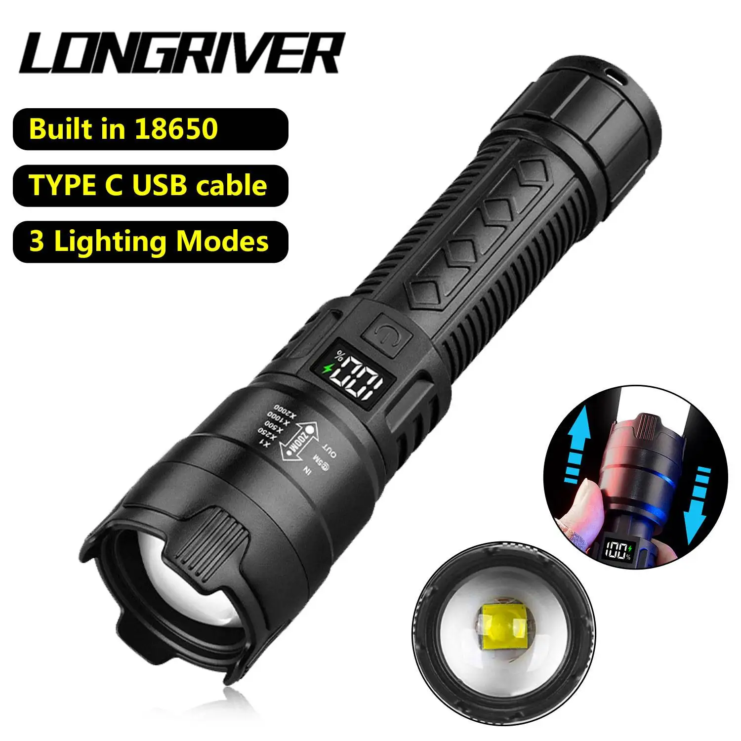 LONGRIVER Ultra Bright DS-1887 LED Flashlights 2000LM Type-C Rechargeable Long Range Zoom Torch Outdoor Tactical Lantern