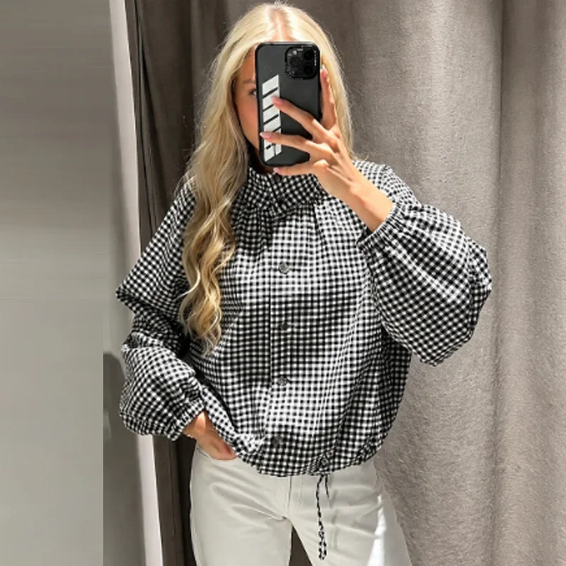 HXAO Gingham Cropped Jacke für Damen, Knopfverschluss, Übergroße Bomberjacke für die Übergangszeit, Vintage-Chic, Langarm-Oberteil, Karierter Mantel – Detail 6