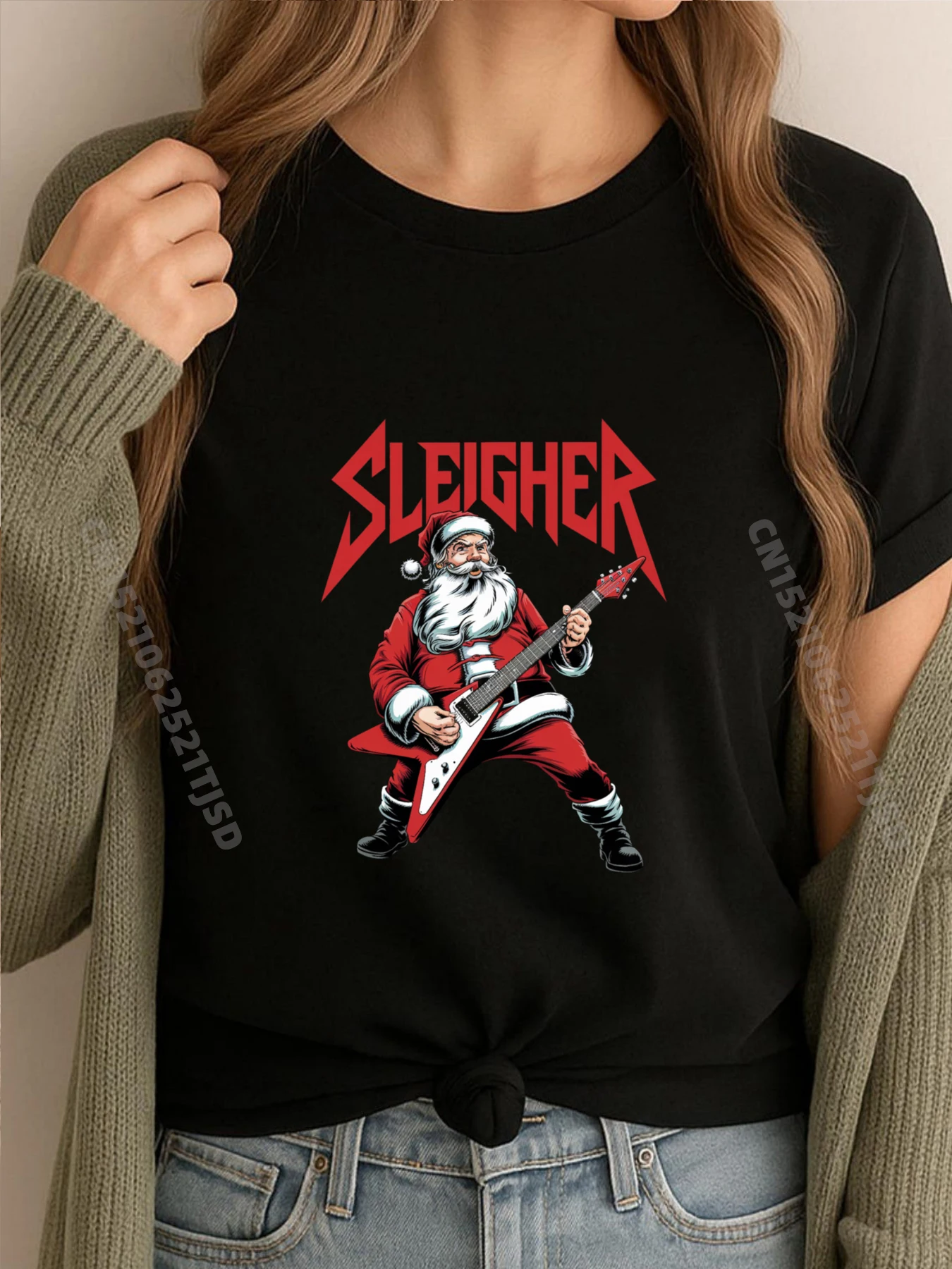

Sleigher Funny Christmas Cute Oversized T Shirt Short Sleeve T-Shirt Woman Slogan