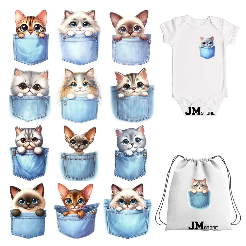 

8cm 3inch New Pocket Cats Animals Iron On Heat Transfer Sticker For Clothes DTF Printed Thermal Appliques Washable T-Shirt Decal