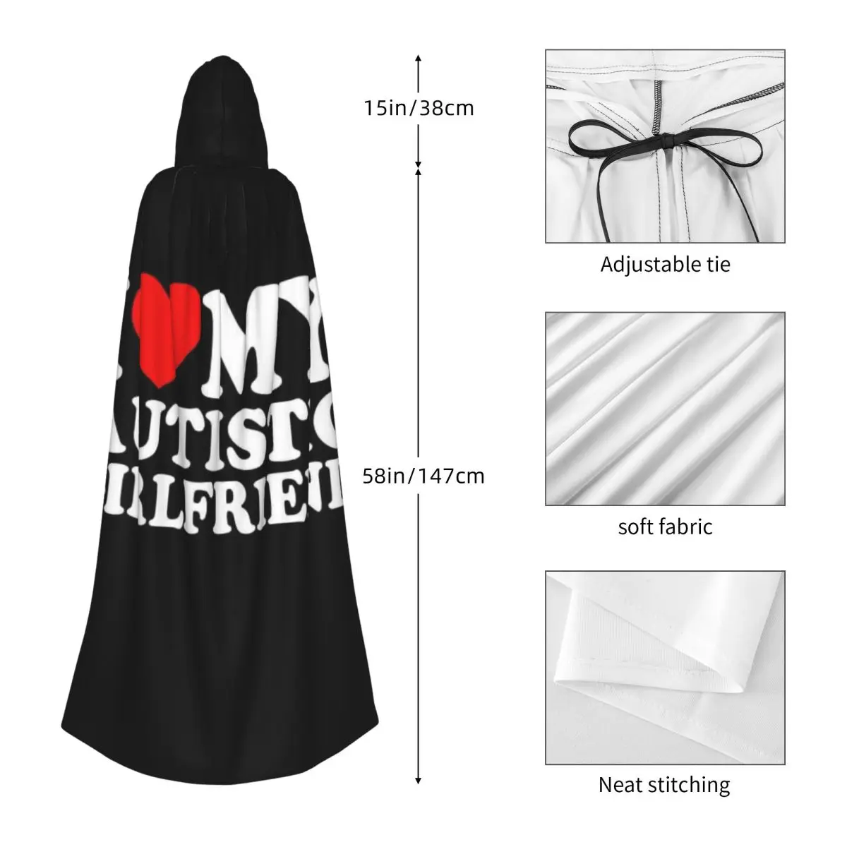 I Love My Autistic Girlfriend I Heart My Autistic GF Long Hooded Cloak Witch Medieval Costume Cosplay Cape HalloweenCoat - view 4